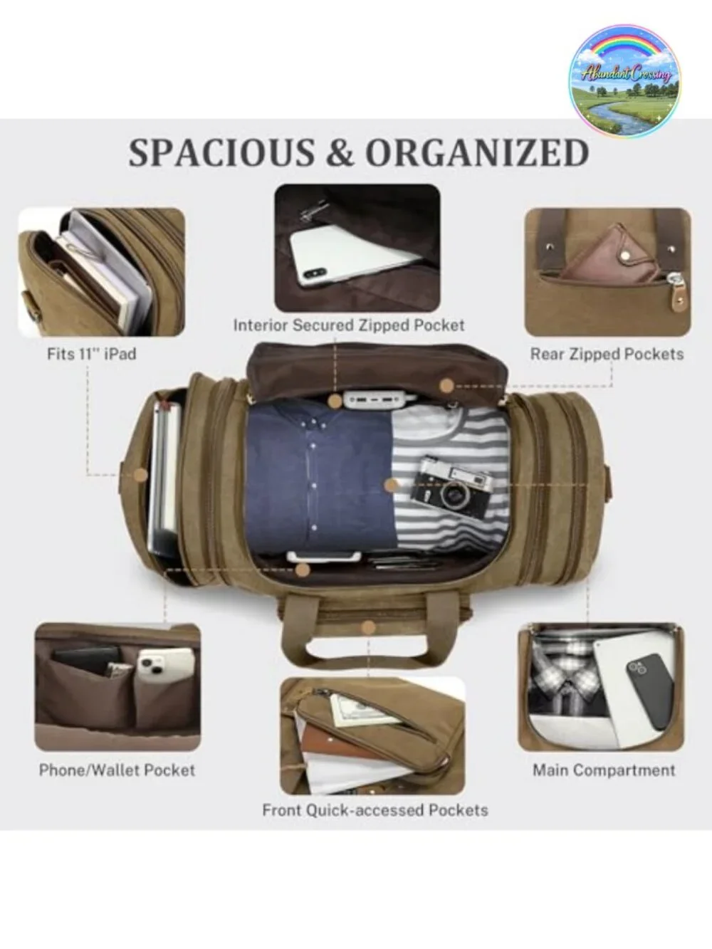Expandable Canvas Travel Duffel Bag 60L Weekender Carry-On Multi-Pocket
